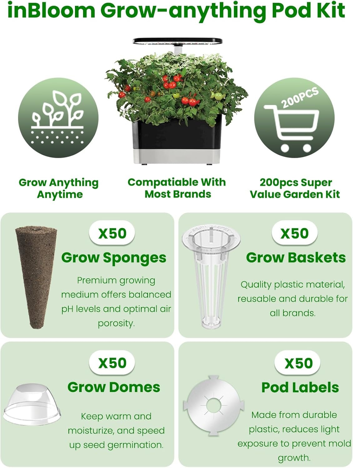 inbloom Grow Anything Seed Pod Kit for AeroGarden, Ahopegarden, GARDENCUBE, iDoo, MUFGA Hydroponic Growing System, 200 Pcs Indoor Garden Supply with 50 Grow Sponges, 50 Baskets, 50 Domes and 50 Labels(Grow Anything)
