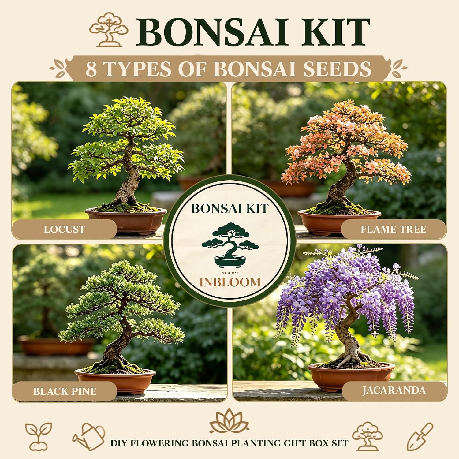 8 Pack Bonsai Tree Kit with Complete Tools, 8X Unique Seeds Bonzai Tree Live Kits, Complete Indoor Bonsai Starter Kit with Woven Basket, Perfect Garden Gift for Mom, Men, Women, Plant Lover