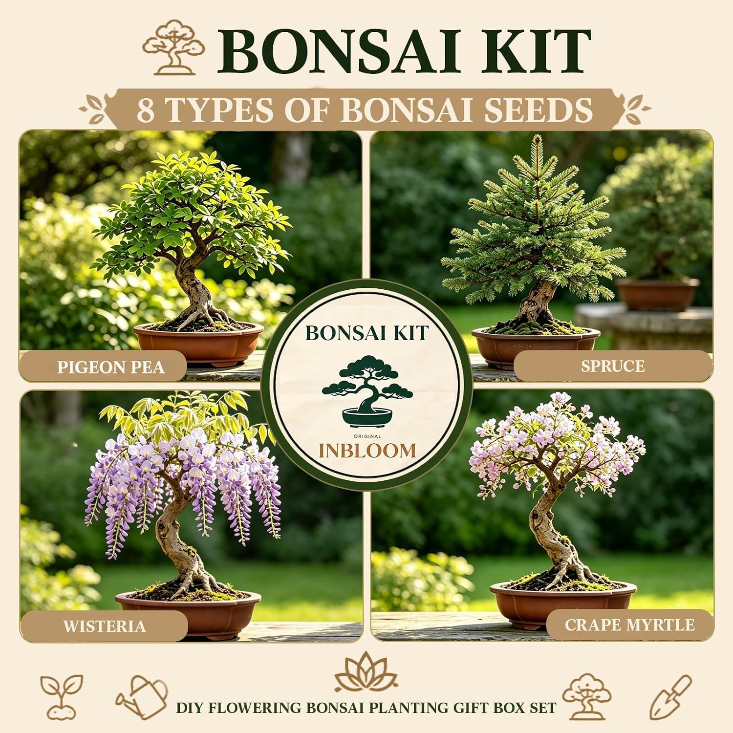 8 Pack Bonsai Tree Kit with Complete Tools, 8X Unique Seeds Bonzai Tree Live Kits, Complete Indoor Bonsai Starter Kit with Woven Basket, Perfect Garden Gift for Mom, Men, Women, Plant Lover