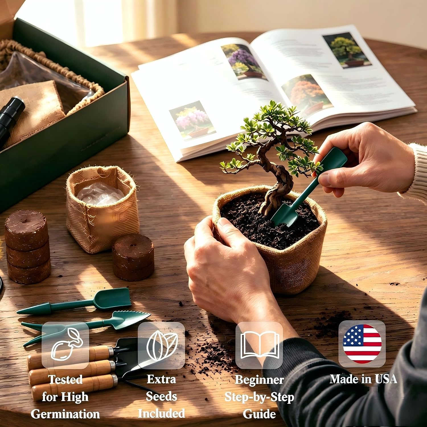 8 Pack Bonsai Tree Kit with Complete Tools, 8X Unique Seeds Bonzai Tree Live Kits, Complete Indoor Bonsai Starter Kit with Woven Basket, Perfect Garden Gift for Mom, Men, Women, Plant Lover
