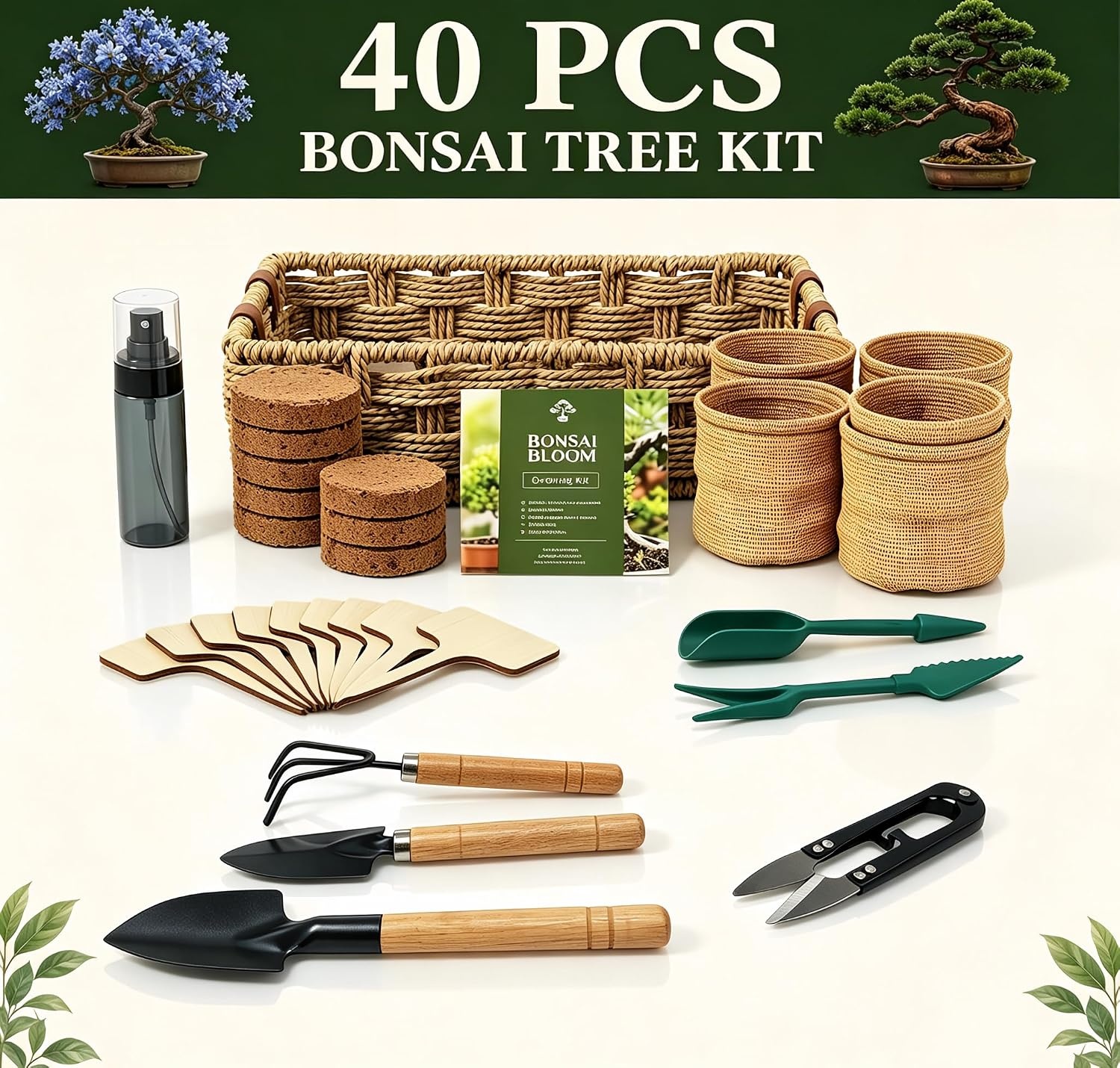 8 Pack Bonsai Tree Kit with Complete Tools, 8X Unique Seeds Bonzai Tree Live Kits, Complete Indoor Bonsai Starter Kit with Woven Basket, Perfect Garden Gift for Mom, Men, Women, Plant Lover