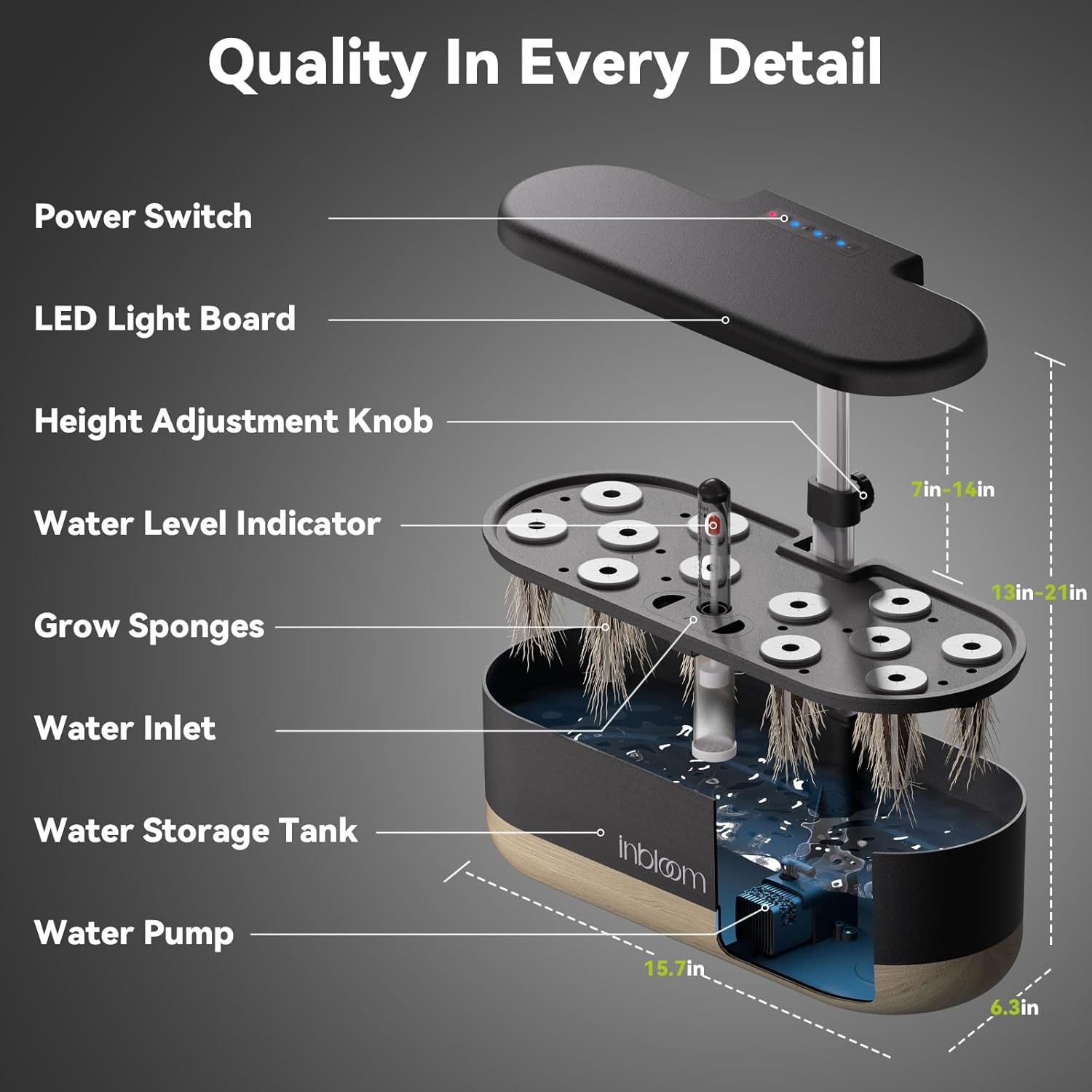 inbloom Hydroponics Growing System 12 Pods, Indoor Herb Garden with LEDs Full-Spectrum Plant Grow Light, Water Shortage Alarm, Automatic Timer, Height Adjustable, Ideal Gardening Gifts for Women(Black)