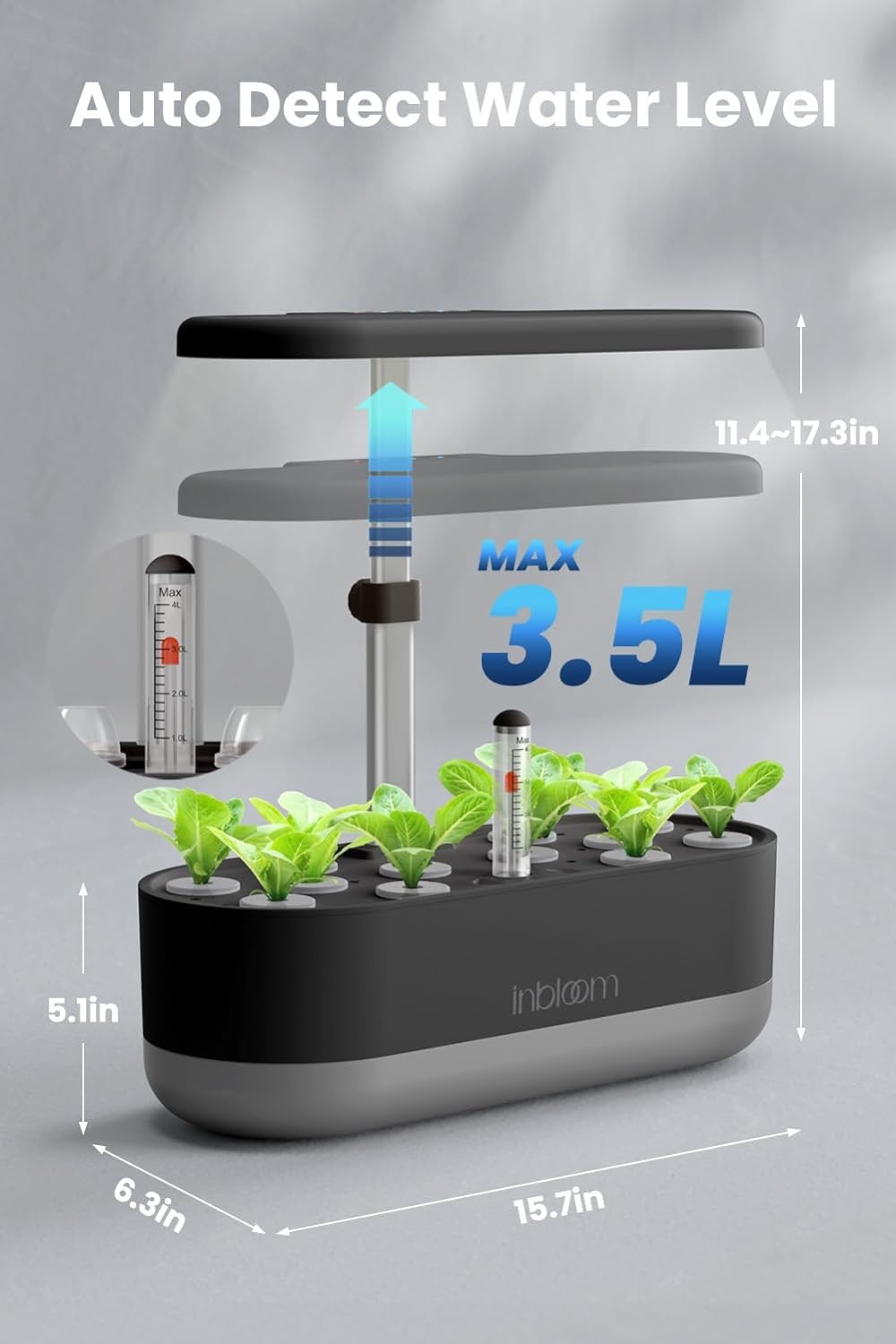 inbloom 12 Pods Hydroponics Growing System Kit, Herb Garden Planter Indoor Kit, Indoor Gardening Hydroponics Growing System with 4.2L Water Pump, Height Adjustable, Gifts for Woman, Transparent Black(Black)