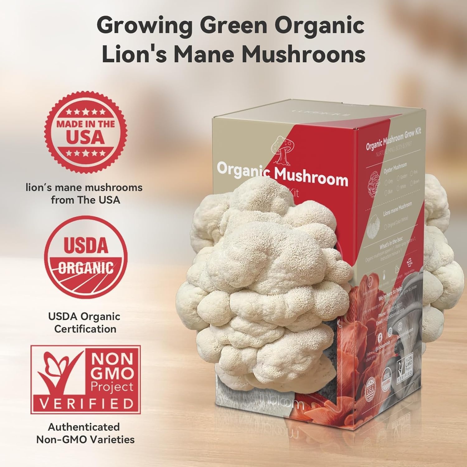 Inbloom Large Organic Golden Oyster Mushroom Growing Kit, Beginner-Friendly Yellow Mushroom Grow Kit, MD USA Non-GMO Mushroom Kit, Harvest Mushrooms in 10 Days at Home(Lion’s Mane Mushroom)