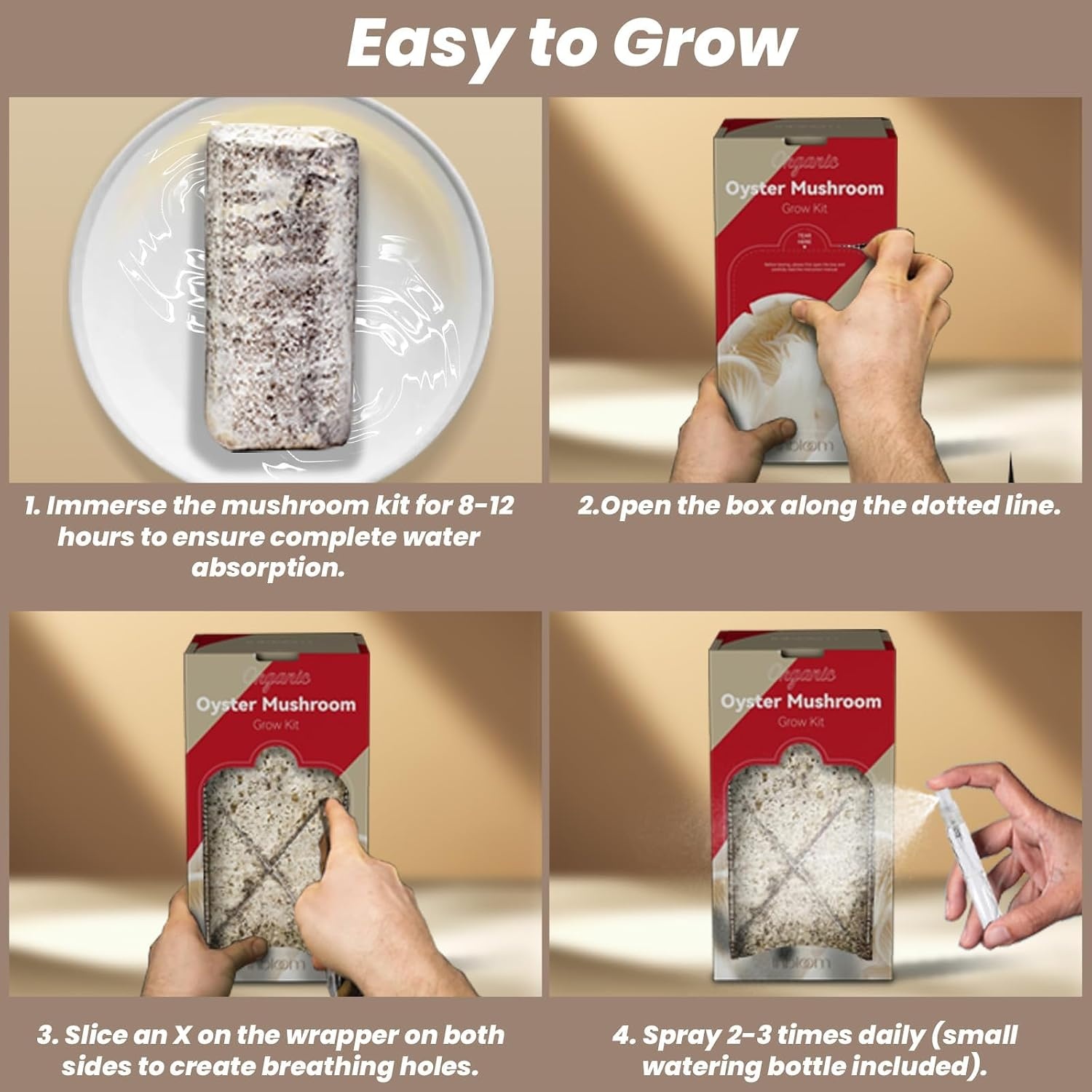 inbloom 4 lbs Organic Oyster Mushroom Growing Kit | Double-Side Mushroom Growing Kit, Edible Non-GMO Mushroom Kit, Grow Mushroom at Home,Indoor Gardening Gift Great Holiday Gift(Grey)
