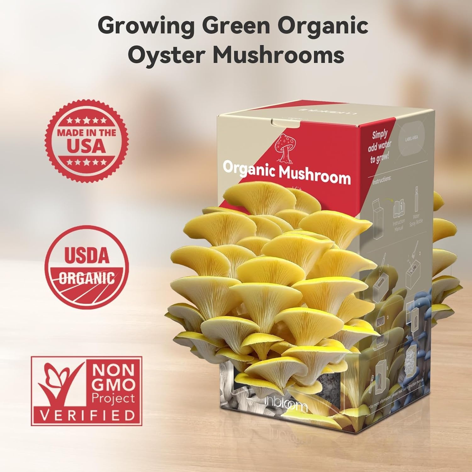 Inbloom Large Organic Golden Oyster Mushroom Growing Kit, Beginner-Friendly Yellow Mushroom Grow Kit, MD USA Non-GMO Mushroom Kit, Harvest Mushrooms in 10 Days at Home(Yellow Oyster Mushroom Growing Kit)