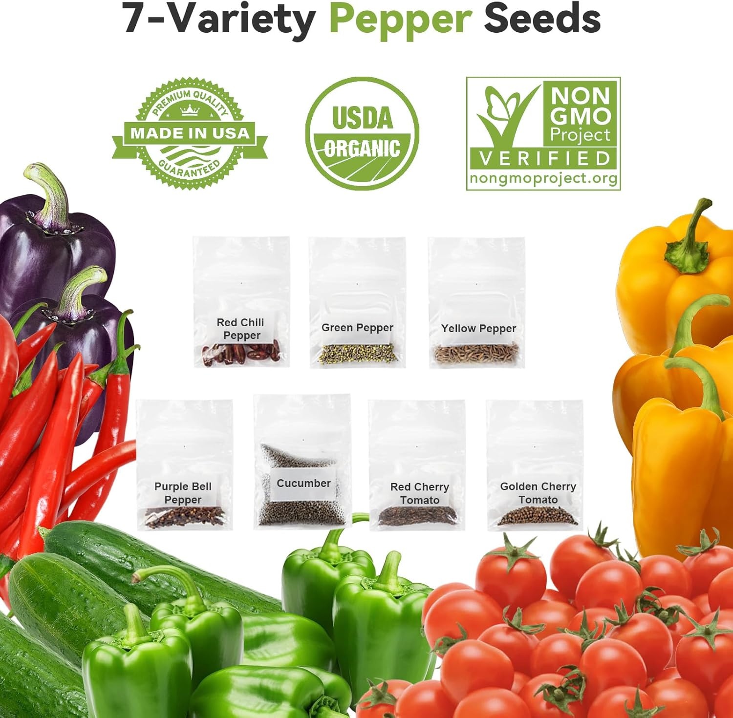 inbloom 12-Pod Pepper Seed Pod Kit for AeroGarden, iDOO, Ahopegarden Hydroponic Growing System, Include Cucumber, Red&Golden Tomato, Red Chili Pepper, Green&Yellow Pepper, Purple Pepper, 400+ Seeds(Pepper)