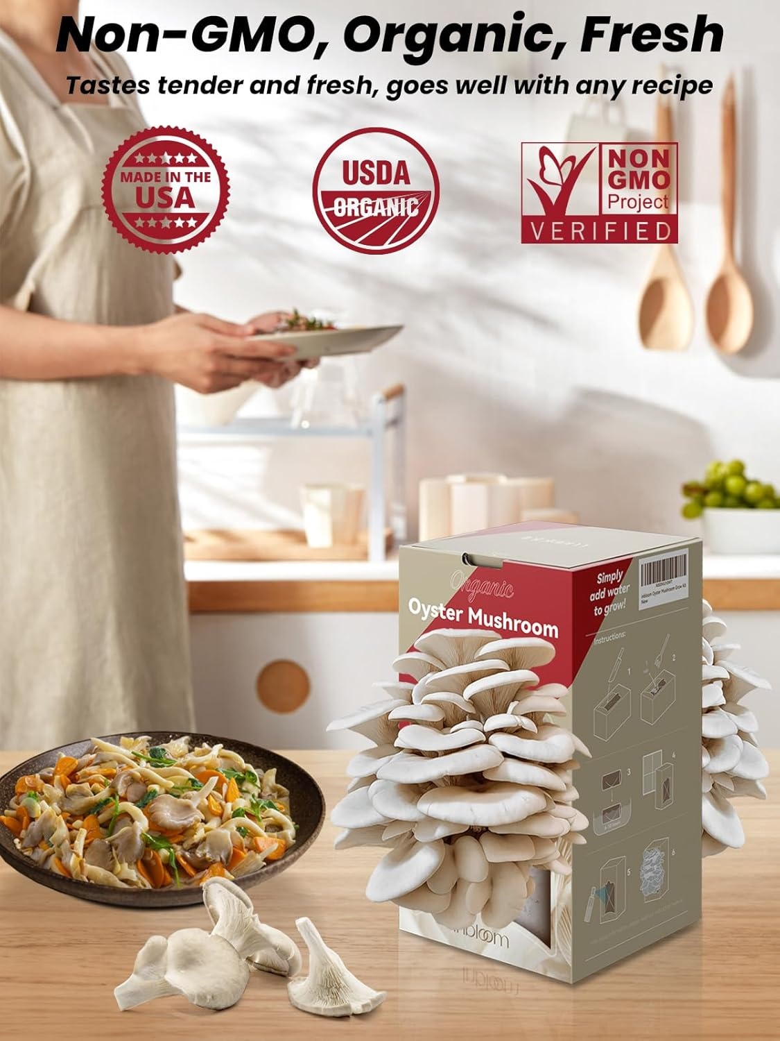 inbloom Organic Oyster Mushroom Growing Kit with Spray, Harvest Fresh Mushrooms at Home, Beginner Friendly & Easy to Use, Unique Gardening Gift for Holiday, Handmade in New Jersey, USA(Gray Oyster Mushroom)