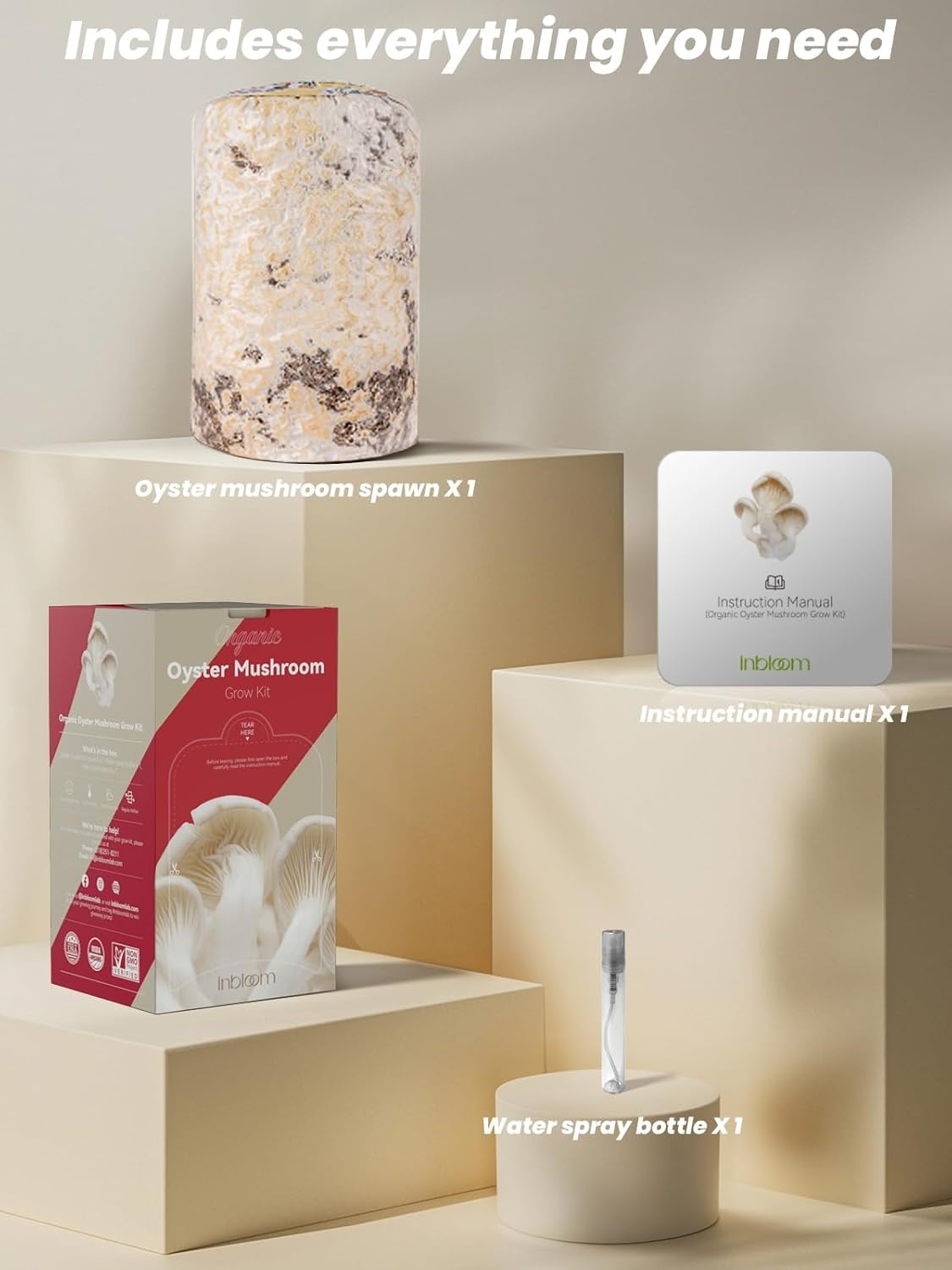 inbloom Organic Oyster Mushroom Growing Kit with Spray, Harvest Fresh Mushrooms at Home, Beginner Friendly & Easy to Use, Unique Gardening Gift for Holiday, Handmade in New Jersey, USA(Gray Oyster Mushroom)